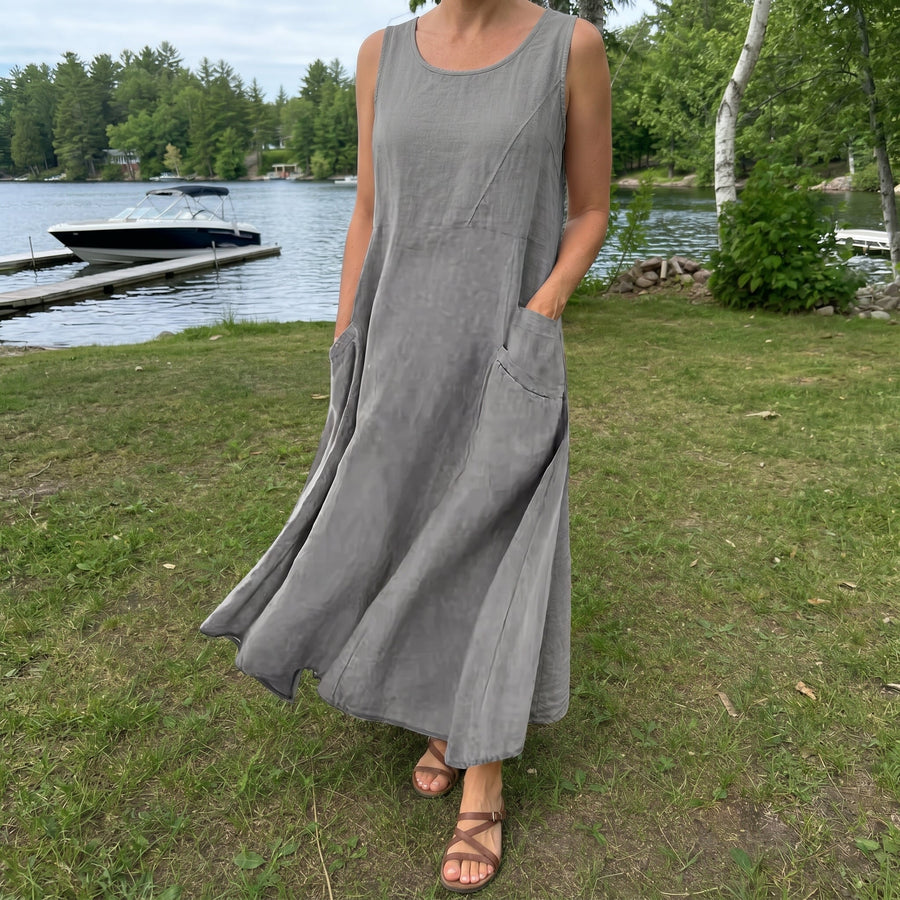 Hazel | Natural Linen Pocket Maxi Dress