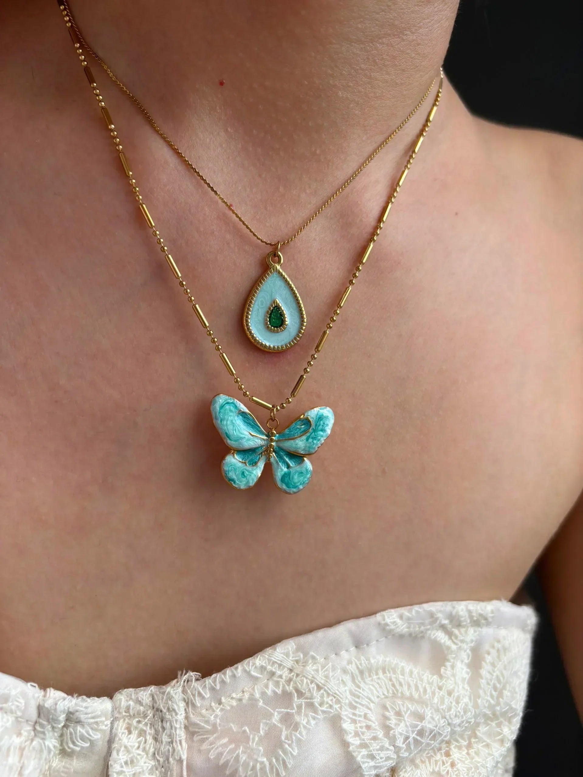 Beautiful Layered Necklace Set with Butterfly and Teardrop